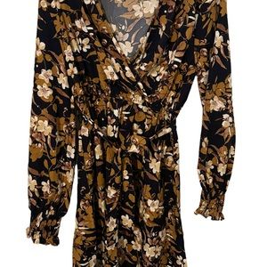 Navy Blue and Tan floral belted dress